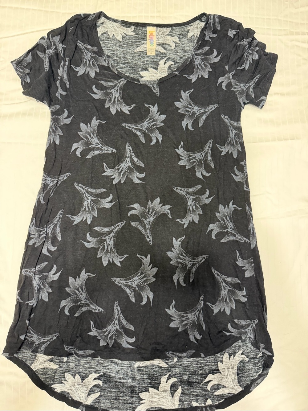 LuLaRoe Black Tee with Light Gray Floral Print